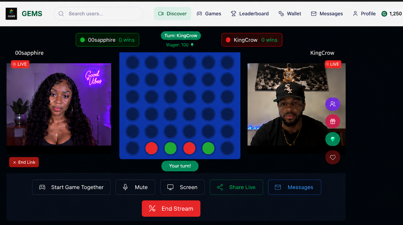 Two players in a live 4-In-A-Row match on GEMS Live