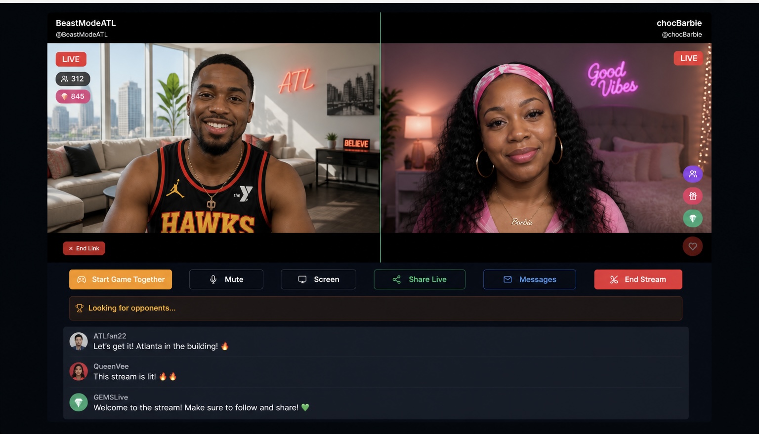 Two creators streaming together live on GEMS Live