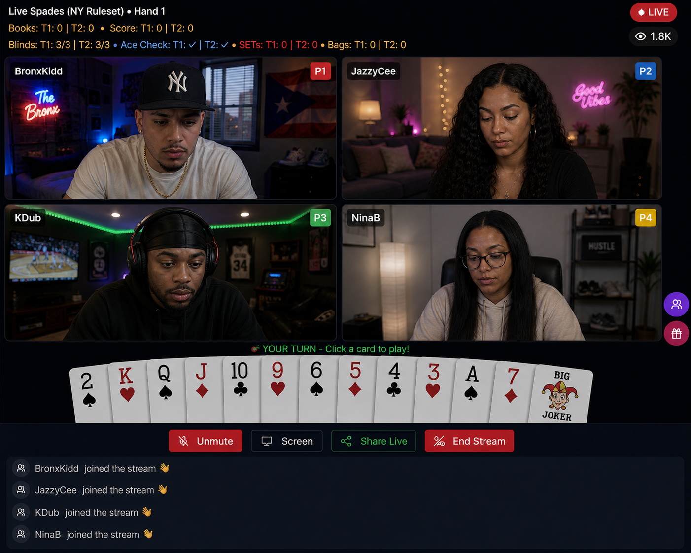 Live 4-player Spades gameplay on GEMS Live — real streamers, live cards, viewer count, full UI
